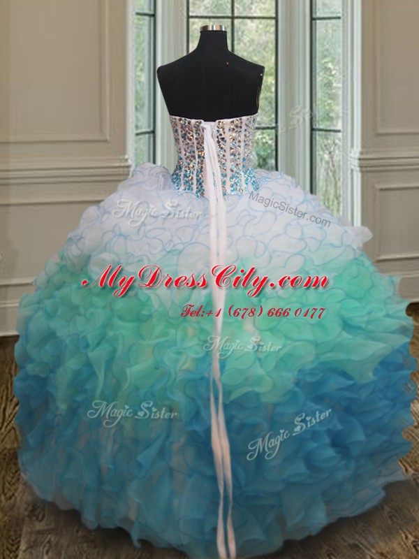 Captivating Multi-color Lace Up Ball Gown Prom Dress Beading and Ruffles Sleeveless Floor Length