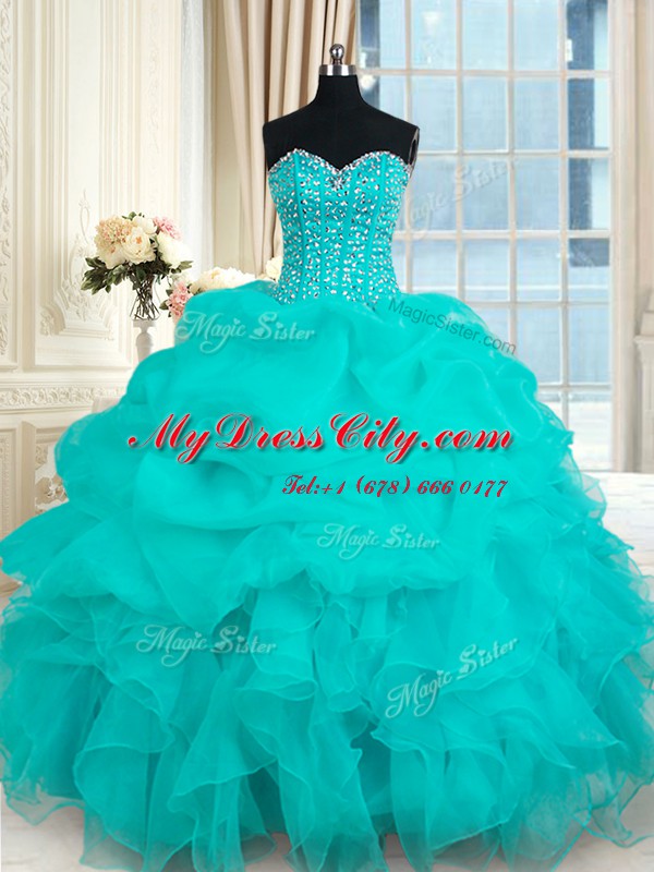 Customized Pick Ups Floor Length Turquoise Quince Ball Gowns Sweetheart Sleeveless Lace Up