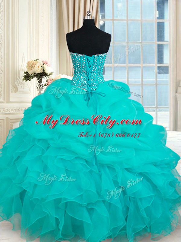 Customized Pick Ups Floor Length Turquoise Quince Ball Gowns Sweetheart Sleeveless Lace Up