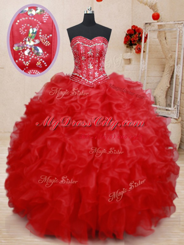 Red Lace Up Sweet 16 Quinceanera Dress Beading and Ruffles Sleeveless Floor Length