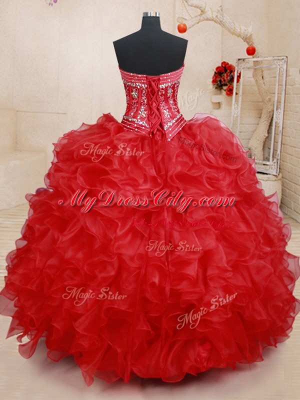 Red Lace Up Sweet 16 Quinceanera Dress Beading and Ruffles Sleeveless Floor Length