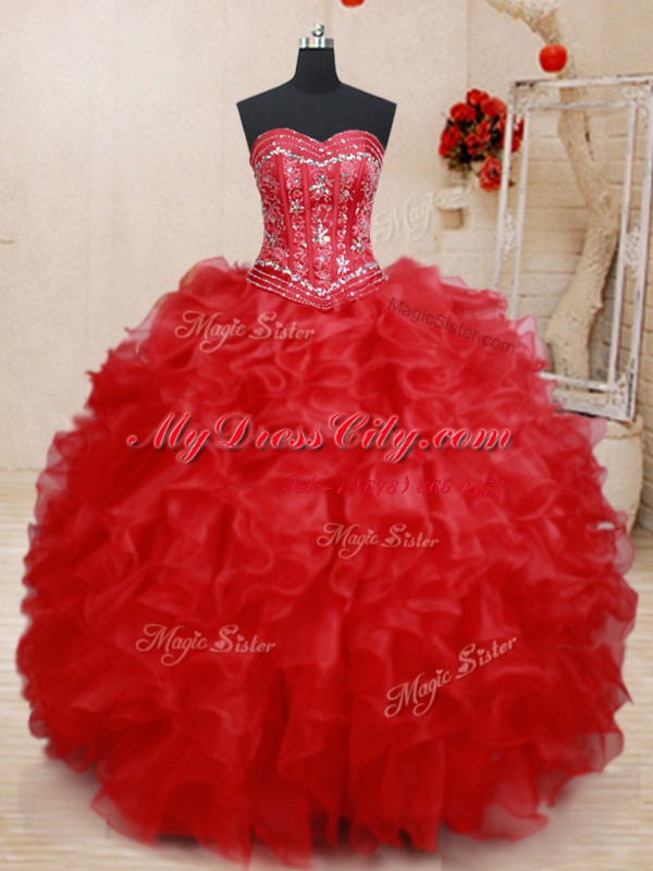 Red Lace Up Sweet 16 Quinceanera Dress Beading and Ruffles Sleeveless Floor Length