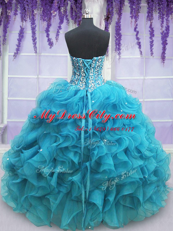 Free and Easy Sweetheart Sleeveless Organza Quinceanera Gowns Beading and Ruffles Lace Up