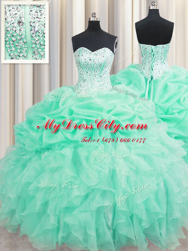 Fantastic Floor Length Apple Green Quinceanera Gown Organza Sleeveless Beading and Ruffles and Pick Ups