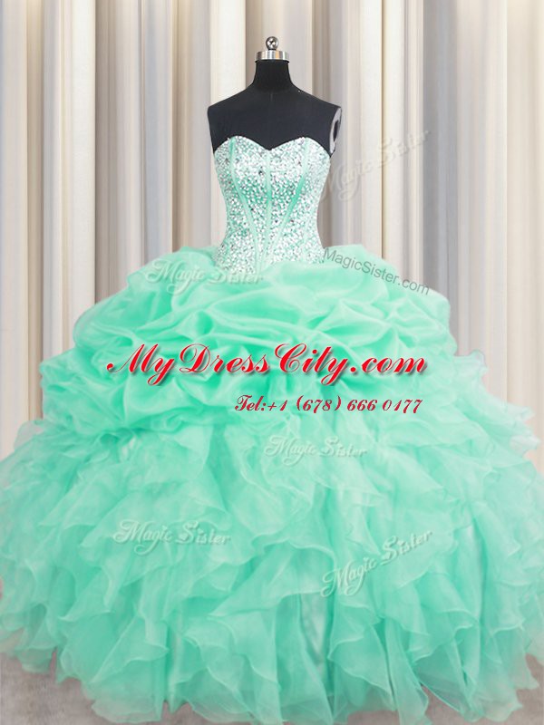 Fantastic Floor Length Apple Green Quinceanera Gown Organza Sleeveless Beading and Ruffles and Pick Ups