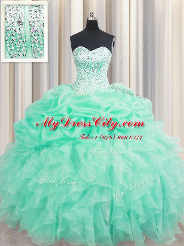 Fantastic Floor Length Apple Green Quinceanera Gown Organza Sleeveless Beading and Ruffles and Pick Ups