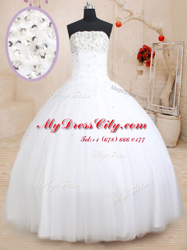 Custom Design Sleeveless Floor Length Beading Lace Up Quince Ball Gowns with White