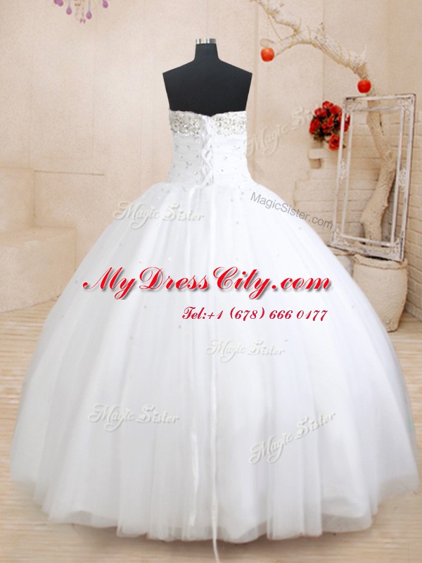 Custom Design Sleeveless Floor Length Beading Lace Up Quince Ball Gowns with White