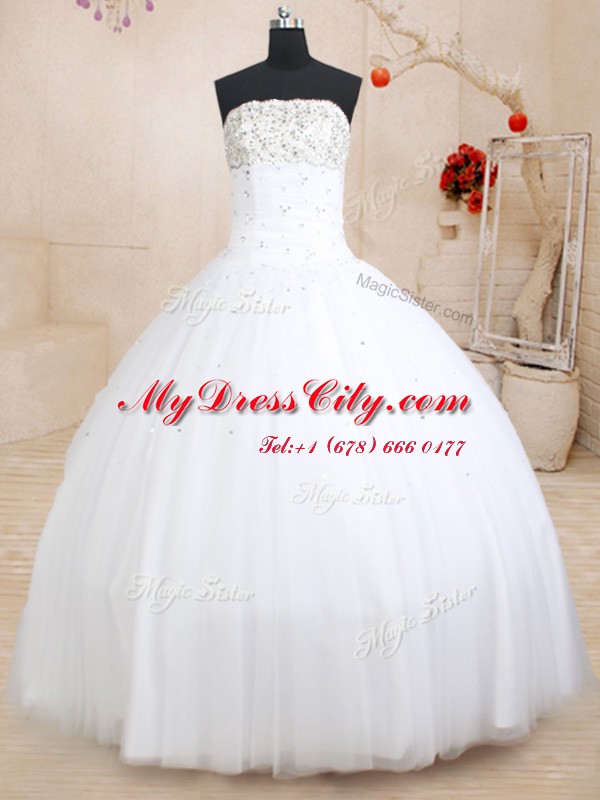 Custom Design Sleeveless Floor Length Beading Lace Up Quince Ball Gowns with White