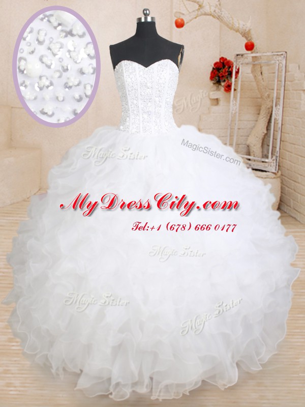 Pretty White Ball Gowns Sweetheart Sleeveless Organza Floor Length Lace Up Beading and Ruffles 15th Birthday Dress