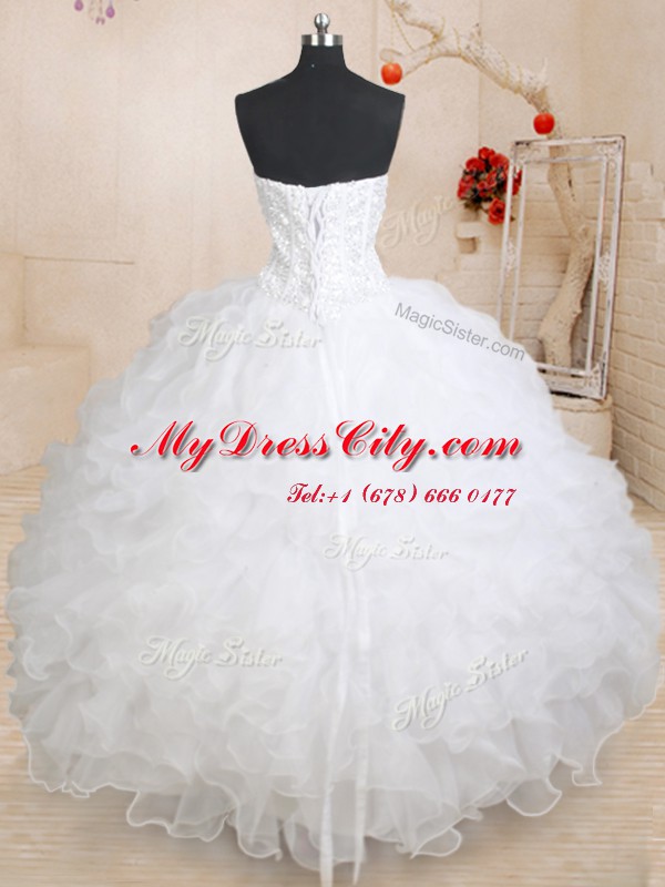 Pretty White Ball Gowns Sweetheart Sleeveless Organza Floor Length Lace Up Beading and Ruffles 15th Birthday Dress