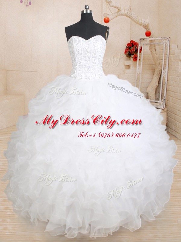 Pretty White Ball Gowns Sweetheart Sleeveless Organza Floor Length Lace Up Beading and Ruffles 15th Birthday Dress