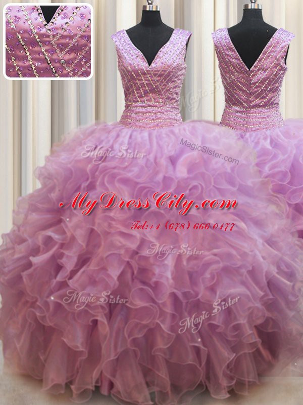 Sleeveless Organza Floor Length Lace Up Vestidos de Quinceanera in Lilac with Beading