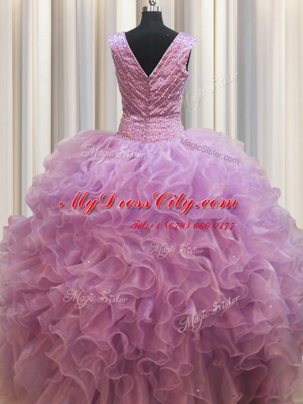 Sleeveless Organza Floor Length Lace Up Vestidos de Quinceanera in Lilac with Beading