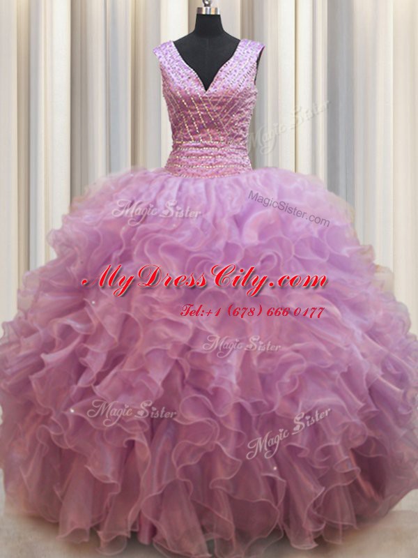 Sleeveless Organza Floor Length Lace Up Vestidos de Quinceanera in Lilac with Beading