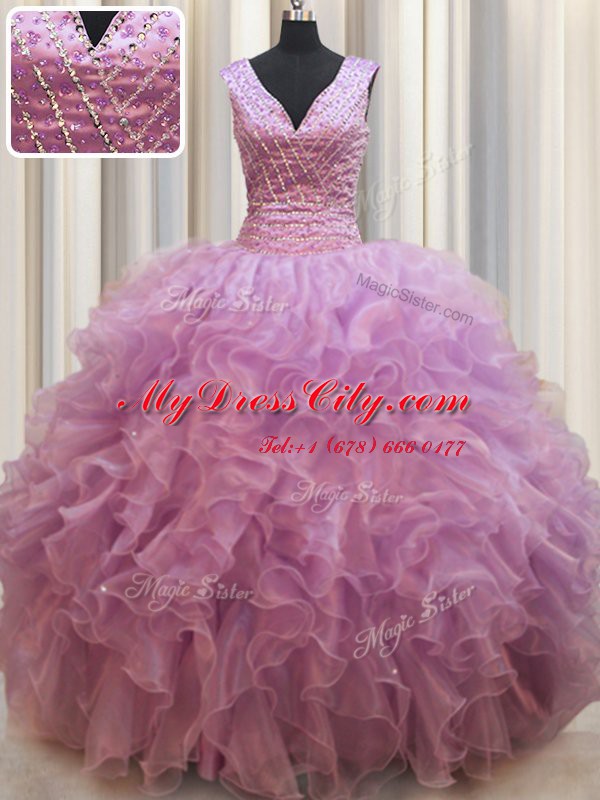 Sleeveless Organza Floor Length Lace Up Vestidos de Quinceanera in Lilac with Beading