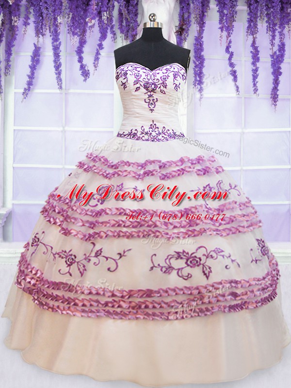 Inexpensive Sweetheart Sleeveless Organza Quince Ball Gowns Appliques and Embroidery and Ruffled Layers Lace Up