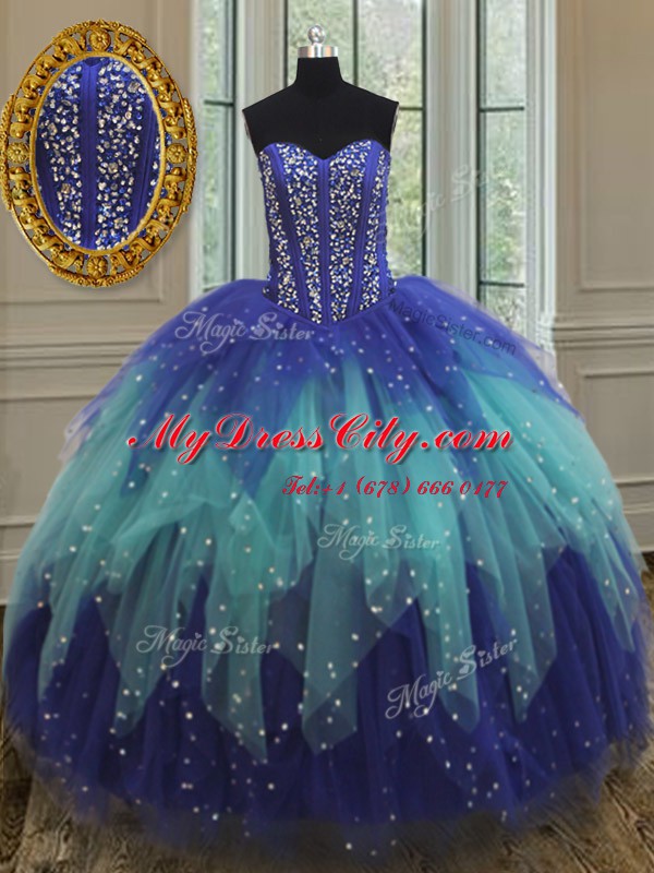 Royal Blue and Aqua Blue Ball Gowns Sweetheart Sleeveless Tulle Floor Length Lace Up Beading and Ruffles Sweet 16 Dress