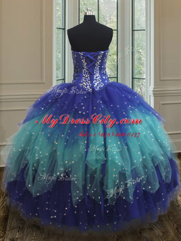 Royal Blue and Aqua Blue Ball Gowns Sweetheart Sleeveless Tulle Floor Length Lace Up Beading and Ruffles Sweet 16 Dress