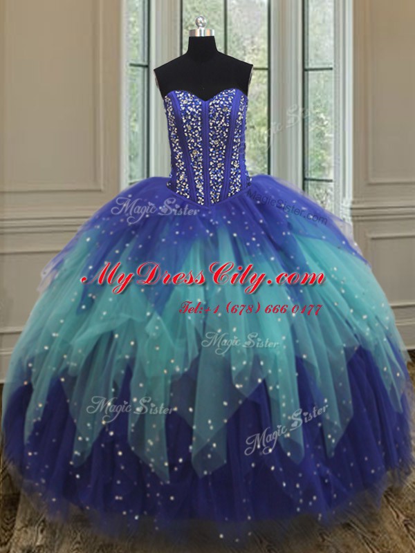 Royal Blue and Aqua Blue Ball Gowns Sweetheart Sleeveless Tulle Floor Length Lace Up Beading and Ruffles Sweet 16 Dress