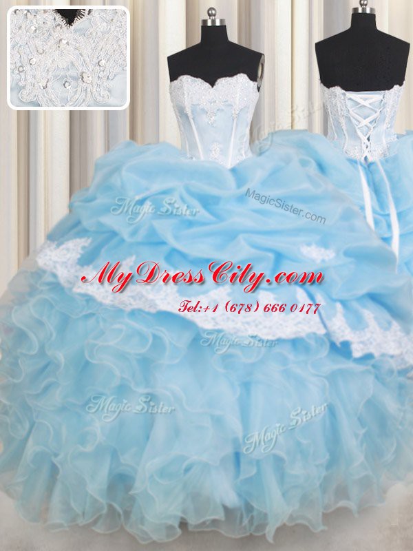 Luxury Light Blue Ball Gowns Beading and Lace and Ruffles and Pick Ups Quinceanera Dress Lace Up Organza Sleeveless Floor Length