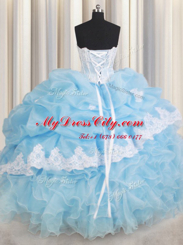 Luxury Light Blue Ball Gowns Beading and Lace and Ruffles and Pick Ups Quinceanera Dress Lace Up Organza Sleeveless Floor Length