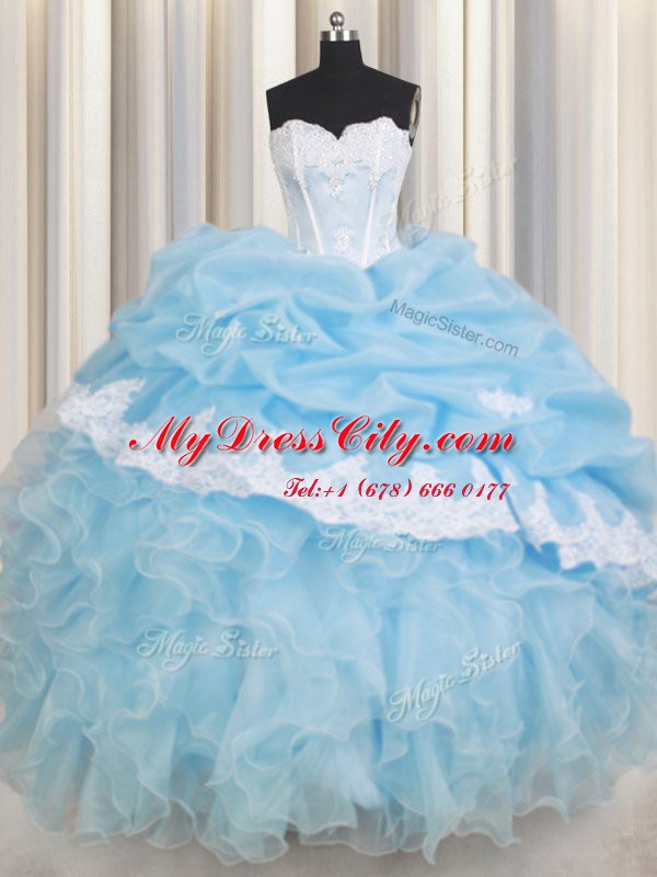 Luxury Light Blue Ball Gowns Beading and Lace and Ruffles and Pick Ups Quinceanera Dress Lace Up Organza Sleeveless Floor Length