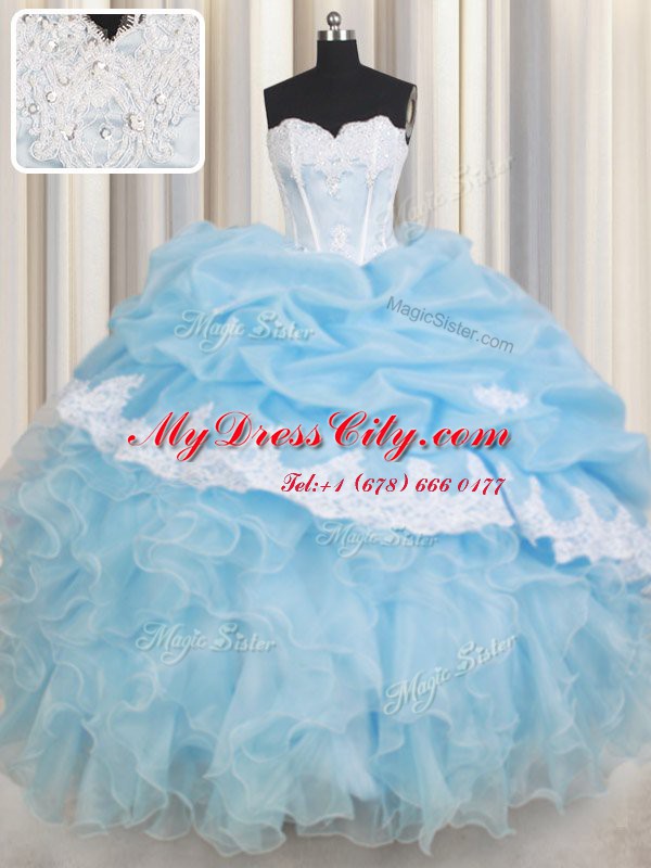 Luxury Light Blue Ball Gowns Beading and Lace and Ruffles and Pick Ups Quinceanera Dress Lace Up Organza Sleeveless Floor Length