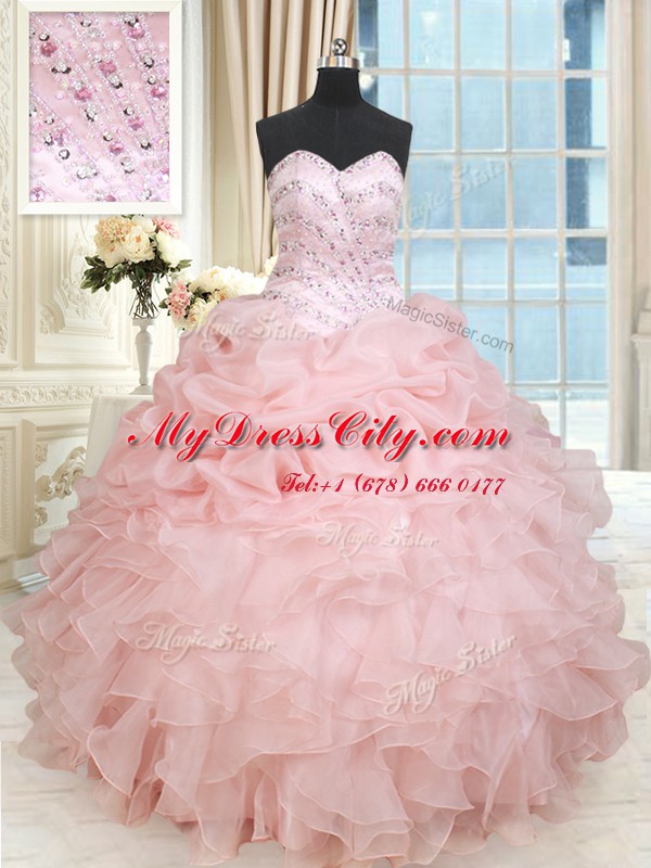 Baby Pink Organza Lace Up Ball Gown Prom Dress Sleeveless Floor Length Beading and Ruffles and Pick Ups