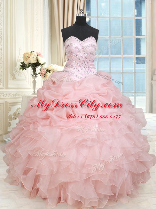 Baby Pink Organza Lace Up Ball Gown Prom Dress Sleeveless Floor Length Beading and Ruffles and Pick Ups