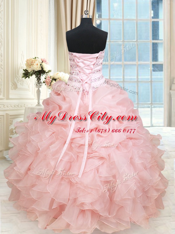 Baby Pink Organza Lace Up Ball Gown Prom Dress Sleeveless Floor Length Beading and Ruffles and Pick Ups