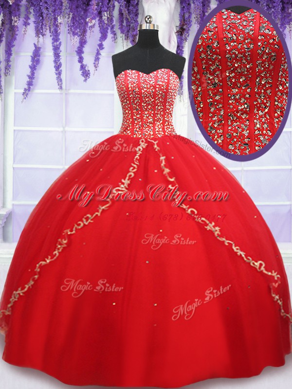 Customized Floor Length Red Quinceanera Dresses Sweetheart Sleeveless Lace Up