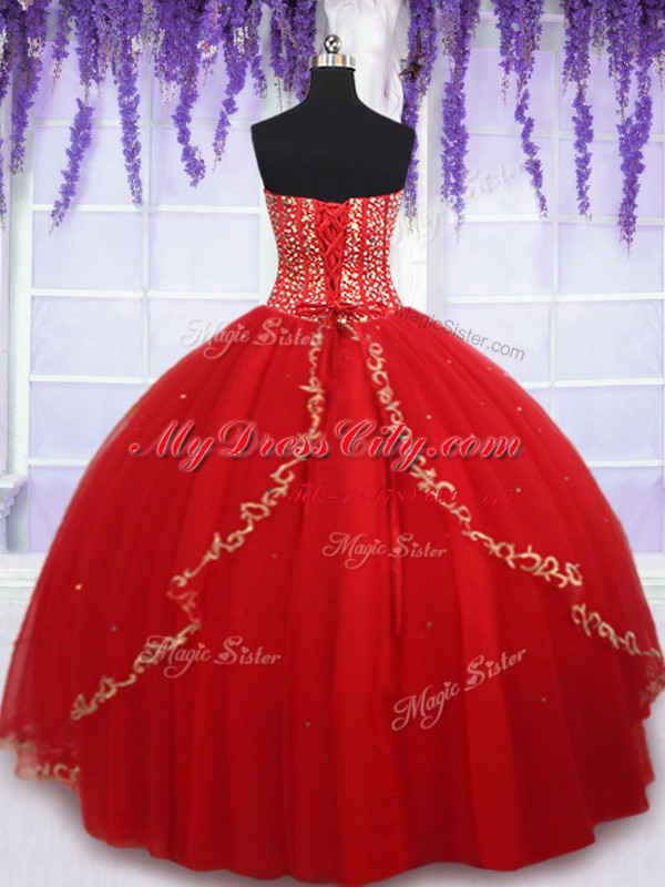 Customized Floor Length Red Quinceanera Dresses Sweetheart Sleeveless Lace Up