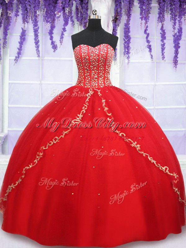 Customized Floor Length Red Quinceanera Dresses Sweetheart Sleeveless Lace Up