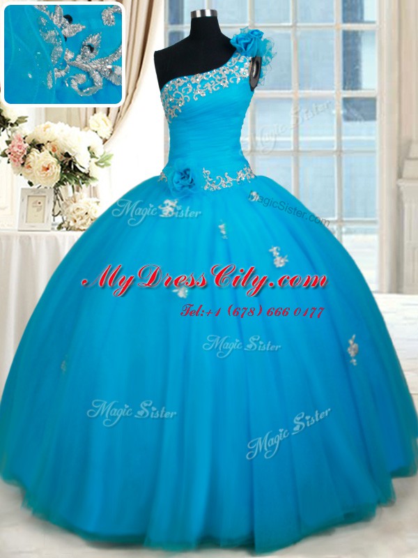 Discount One Shoulder Sleeveless Floor Length Beading and Appliques and Hand Made Flower Zipper Quince Ball Gowns with Baby Blue