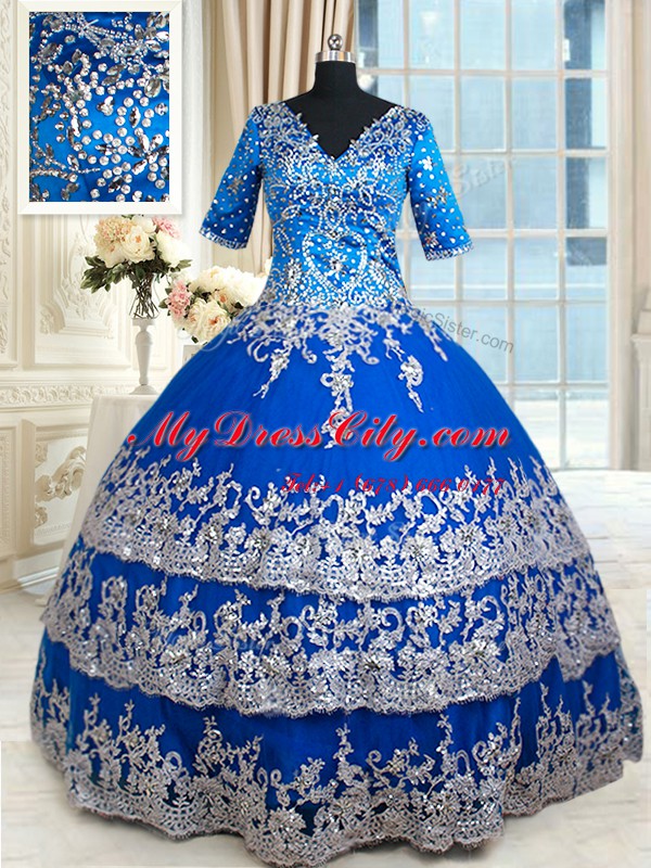 Half Sleeves Floor Length Zipper Quinceanera Gown Royal Blue for Military Ball and Sweet 16 and Quinceanera with Beading and Lace and Ruffled Layers