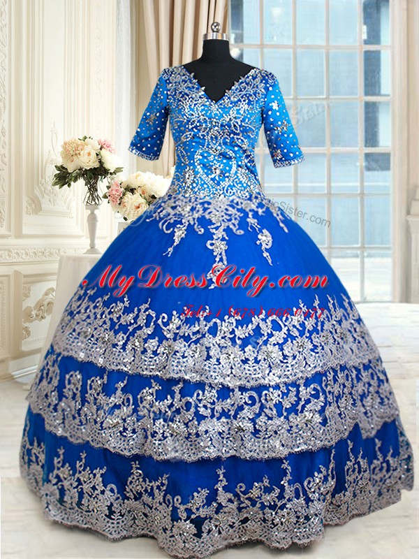 Half Sleeves Floor Length Zipper Quinceanera Gown Royal Blue for Military Ball and Sweet 16 and Quinceanera with Beading and Lace and Ruffled Layers