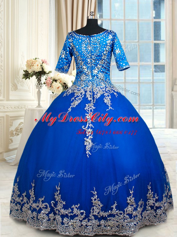 Half Sleeves Floor Length Zipper Quinceanera Gown Royal Blue for Military Ball and Sweet 16 and Quinceanera with Beading and Lace and Ruffled Layers