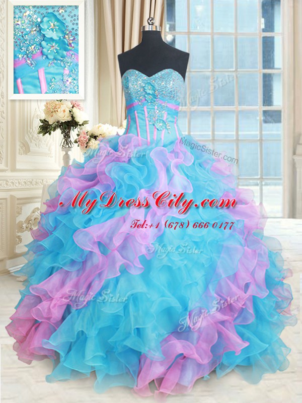 Beautiful Sweetheart Sleeveless Quinceanera Gown Floor Length Beading and Appliques and Ruffles Multi-color Organza