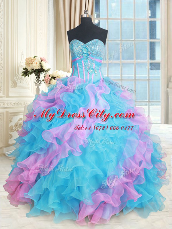 Beautiful Sweetheart Sleeveless Quinceanera Gown Floor Length Beading and Appliques and Ruffles Multi-color Organza