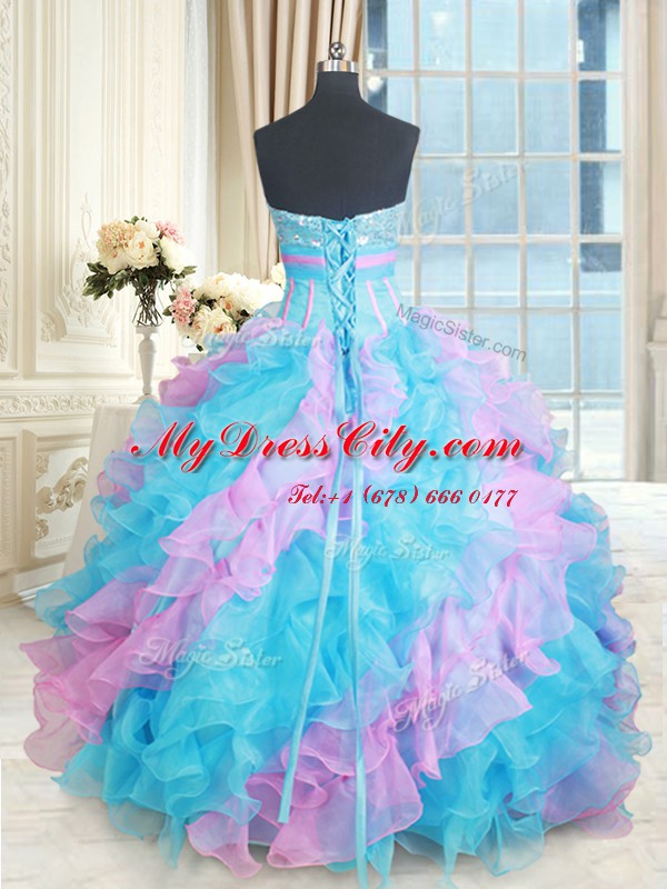 Beautiful Sweetheart Sleeveless Quinceanera Gown Floor Length Beading and Appliques and Ruffles Multi-color Organza