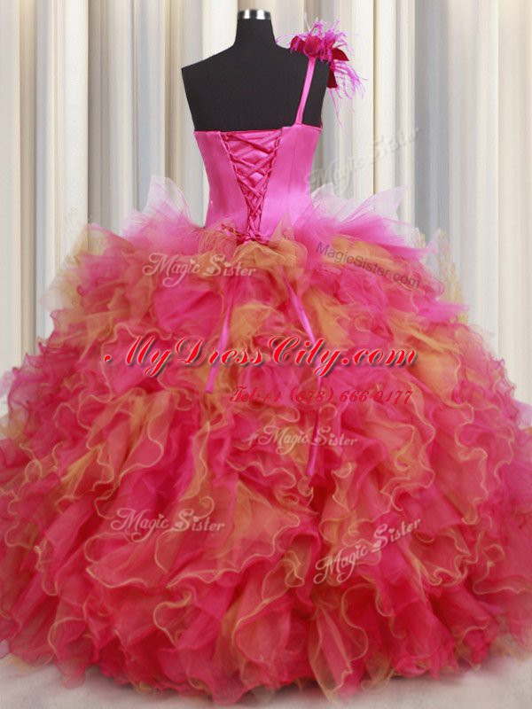 Dazzling Multi-color Ball Gowns Organza and Tulle One Shoulder Sleeveless Beading and Ruffles and Hand Made Flower Floor Length Lace Up Sweet 16 Quinceanera Dress