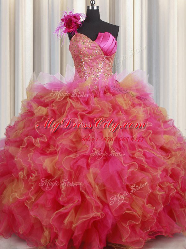 Dazzling Multi-color Ball Gowns Organza and Tulle One Shoulder Sleeveless Beading and Ruffles and Hand Made Flower Floor Length Lace Up Sweet 16 Quinceanera Dress