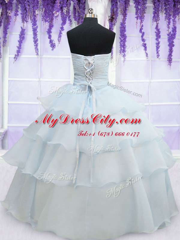 Sophisticated Ruffled Light Blue Sleeveless Organza Lace Up Sweet 16 Dress for Military Ball and Sweet 16 and Quinceanera