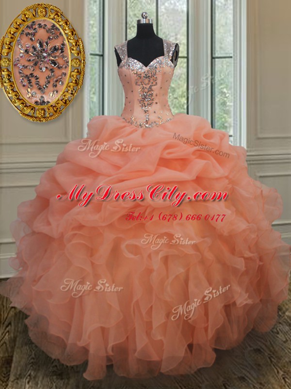 Straps Orange Sleeveless Floor Length Beading and Ruffles and Pick Ups Zipper 15 Quinceanera Dress