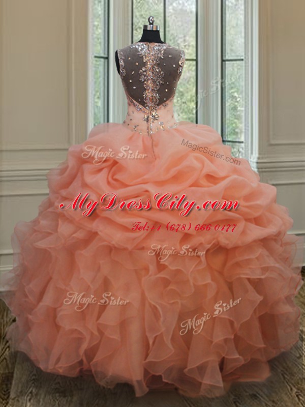 Straps Orange Sleeveless Floor Length Beading and Ruffles and Pick Ups Zipper 15 Quinceanera Dress