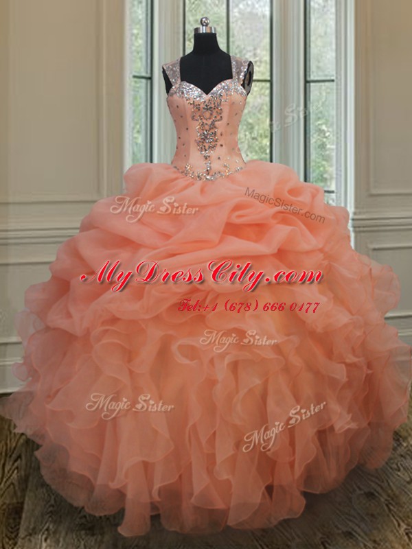 Straps Orange Sleeveless Floor Length Beading and Ruffles and Pick Ups Zipper 15 Quinceanera Dress