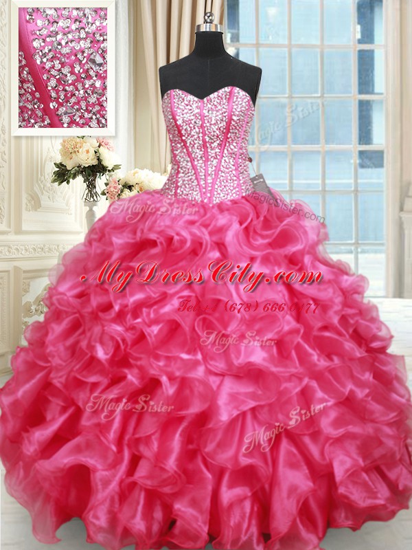 Ruffled Ball Gowns Quince Ball Gowns Hot Pink Sweetheart Organza Sleeveless Floor Length Lace Up