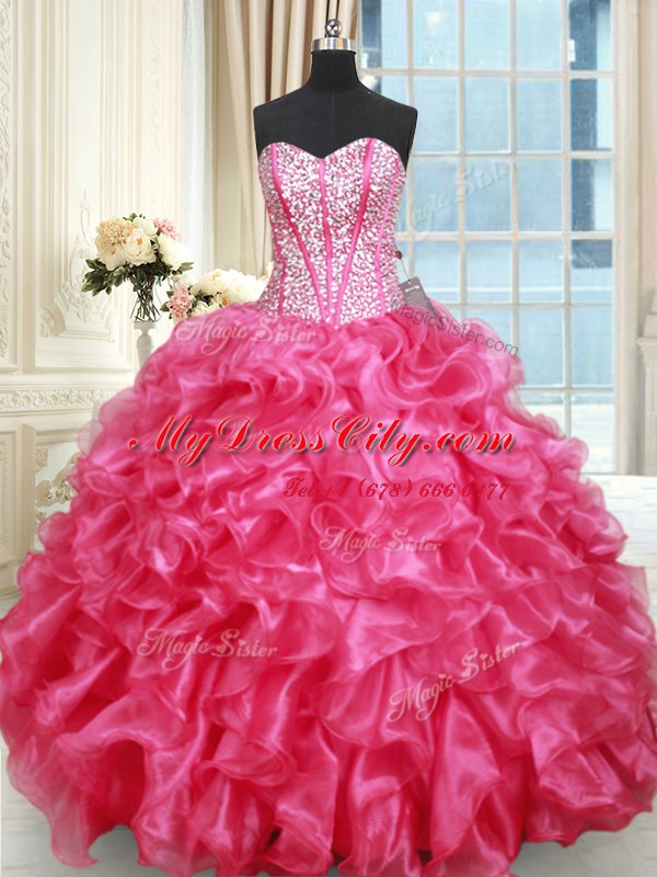 Ruffled Ball Gowns Quince Ball Gowns Hot Pink Sweetheart Organza Sleeveless Floor Length Lace Up