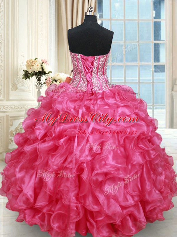 Ruffled Ball Gowns Quince Ball Gowns Hot Pink Sweetheart Organza Sleeveless Floor Length Lace Up